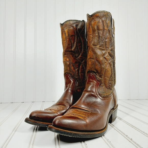 Bronco Brown Embroidery Leather Slip On Block Heel Pointy Toe Western Boots D186 - Picture 2 of 13